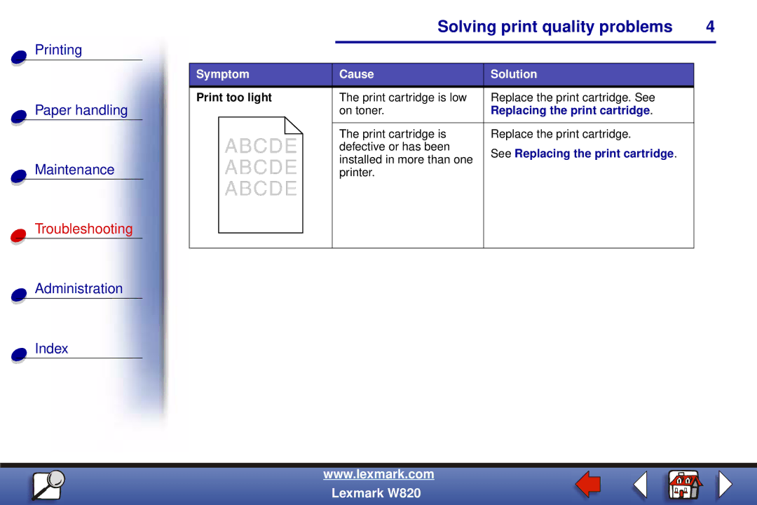 Lexmark W820 manual Replacing the print cartridge 