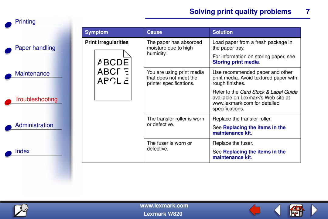 Lexmark W820 manual Print irregularities, Storing print media 