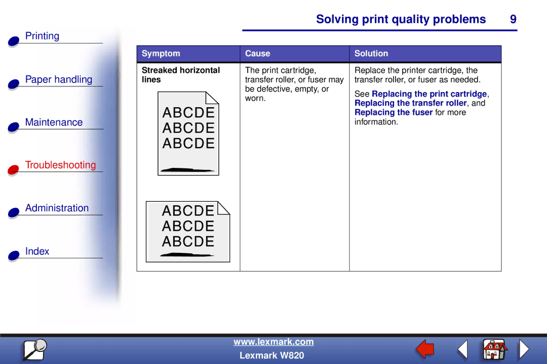 Lexmark W820 manual Streaked horizontal, Lines, Replacing the transfer roller, Replacing the fuser for more 