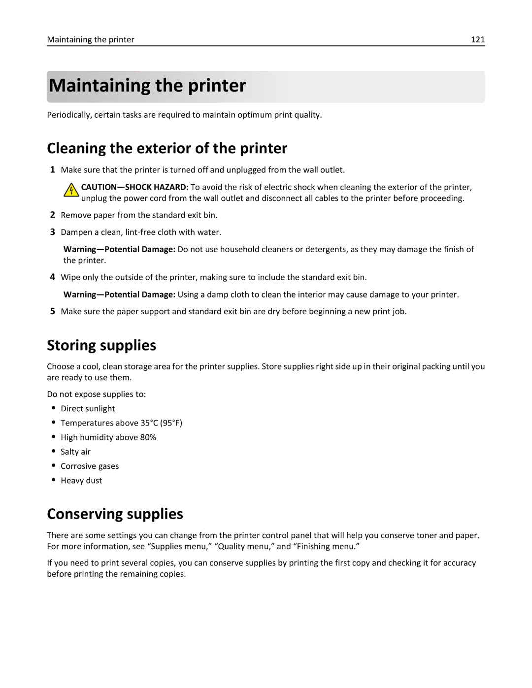 Lexmark W850 Cleaning the exterior of the printer, Storing supplies, Conserving supplies, Maintaining the printer 121 