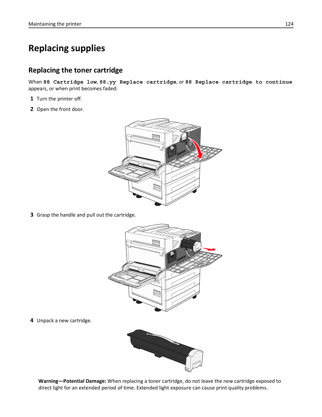 Lexmark W850 manual Replacing supplies, Replacing the toner cartridge, Maintaining the printer 124 
