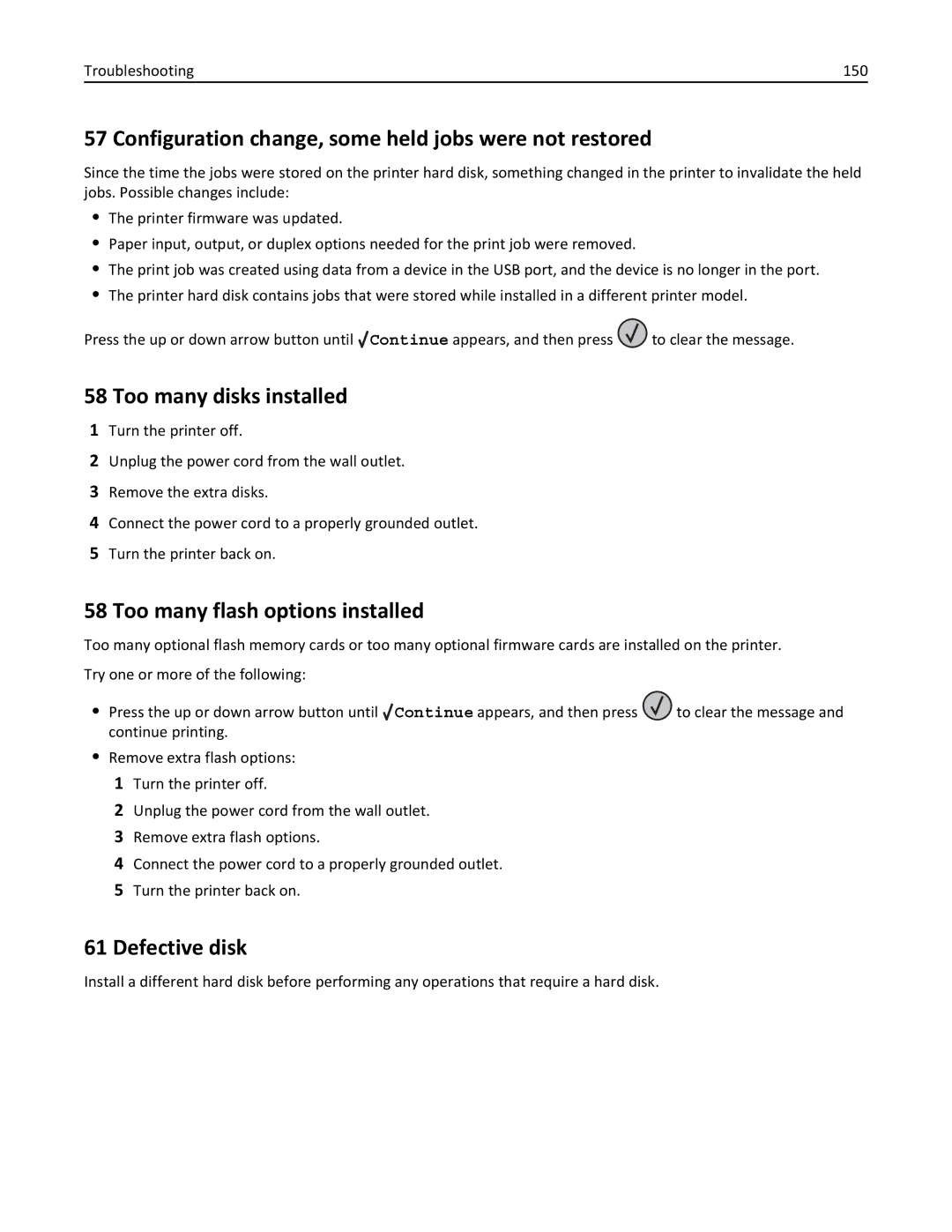 Lexmark W850 manual Configuration change, some held jobs were not restored, Too many disks installed, Defective disk 