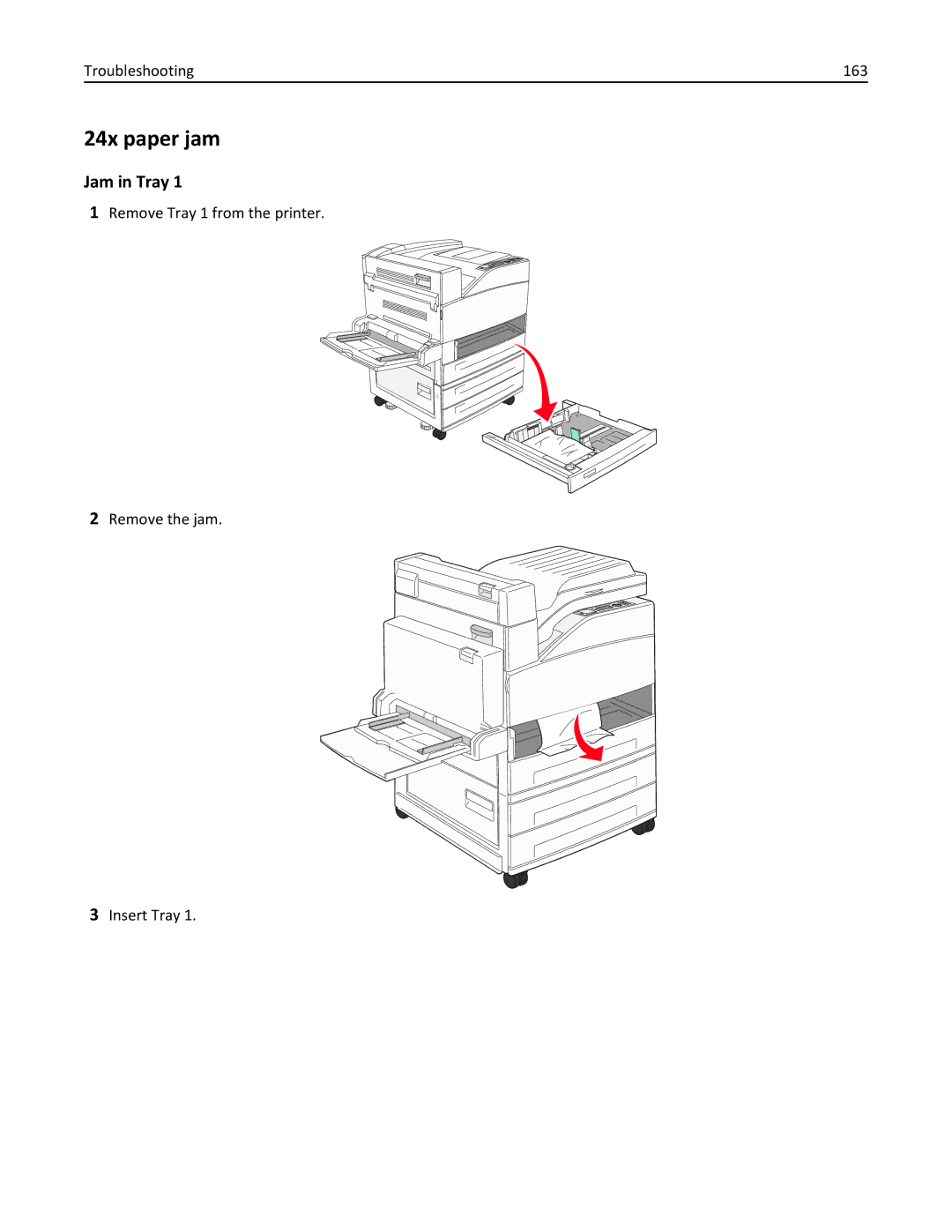 Lexmark W850 24x paper jam, Jam in Tray, Troubleshooting 163, Remove Tray 1 from the printer Remove the jam Insert Tray 