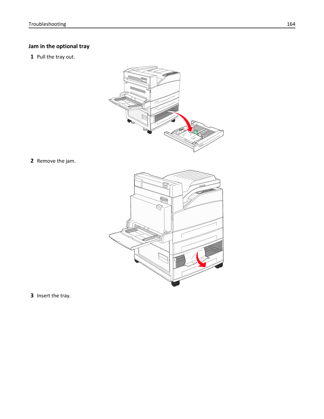 Lexmark W850 manual Jam in the optional tray, Troubleshooting 164, Pull the tray out Remove the jam Insert the tray 