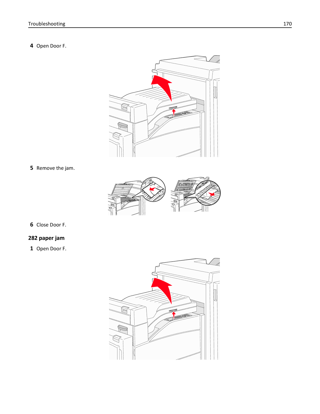 Lexmark W850 manual Paper jam, Troubleshooting 170 Open Door F Remove the jam Close Door F 