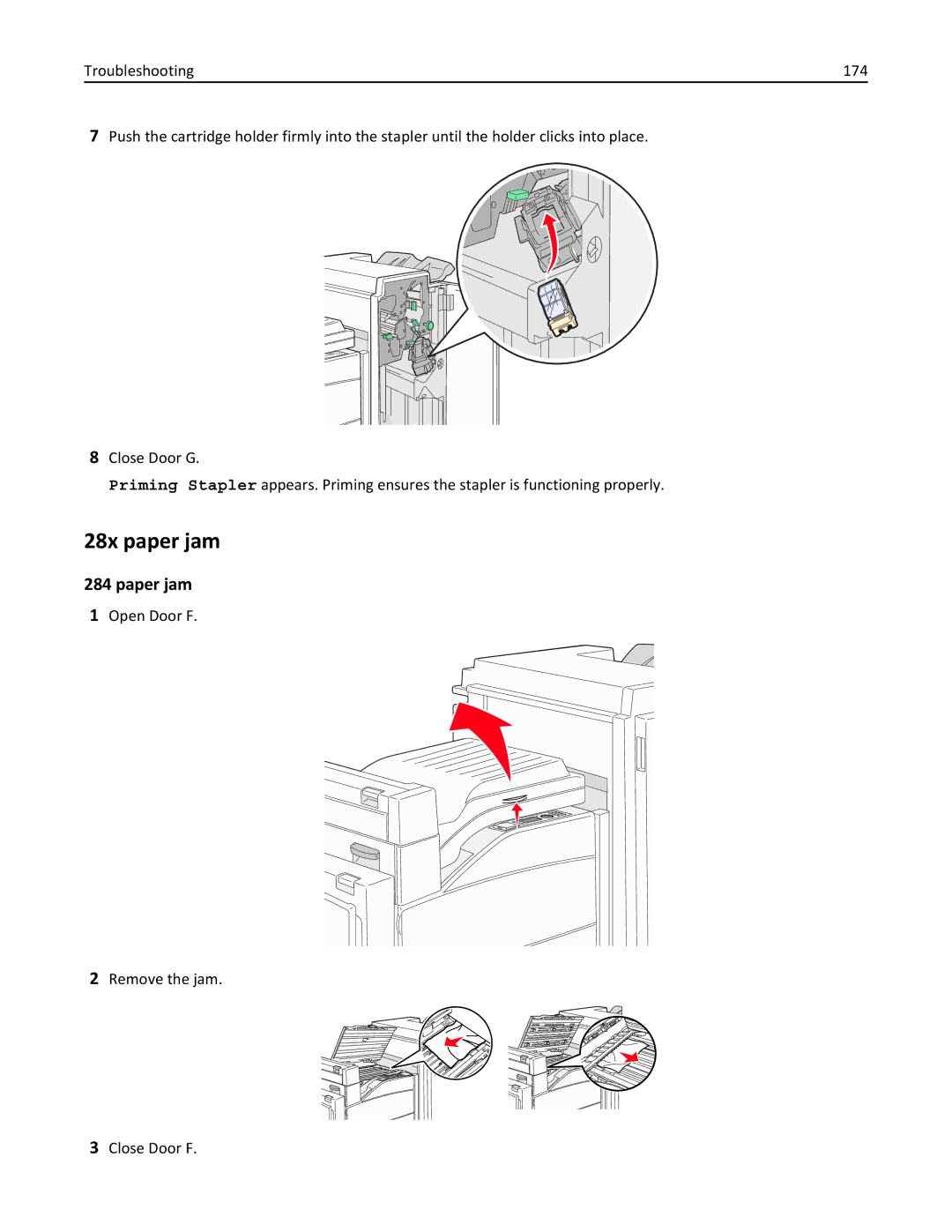 Lexmark W850 manual 28x paper jam, Open Door F Remove the jam Close Door F 