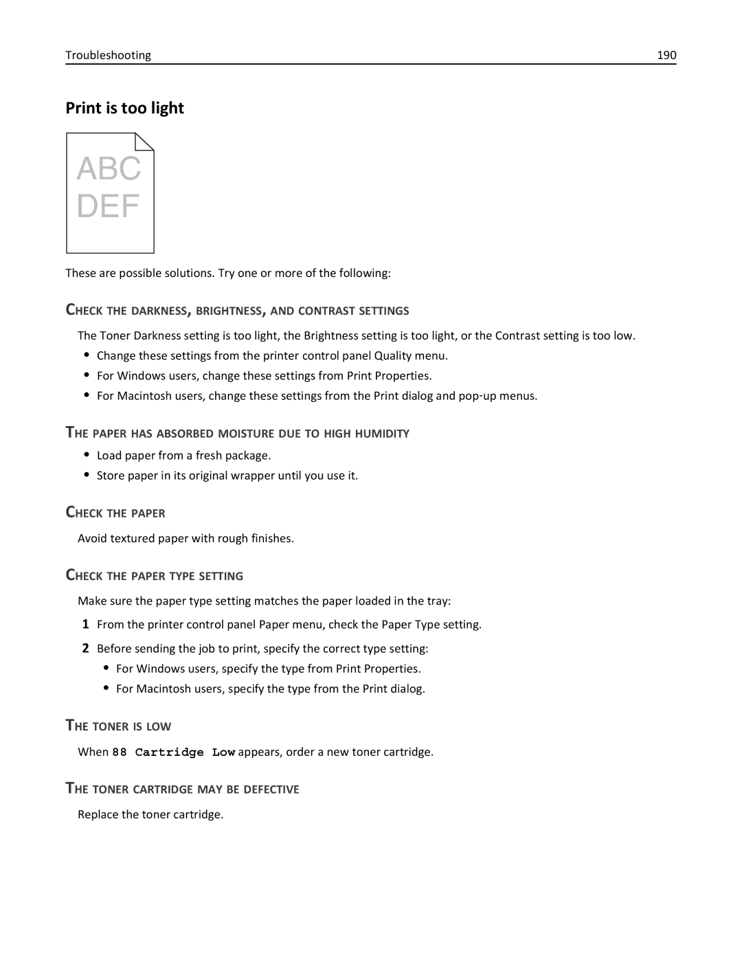 Lexmark W850 manual Print is too light, Troubleshooting 190, Toner is LOW 