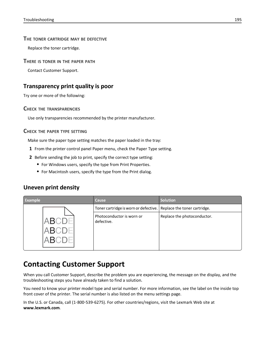 Lexmark W850 Contacting Customer Support, Transparency print quality is poor, Uneven print density, Troubleshooting 195 