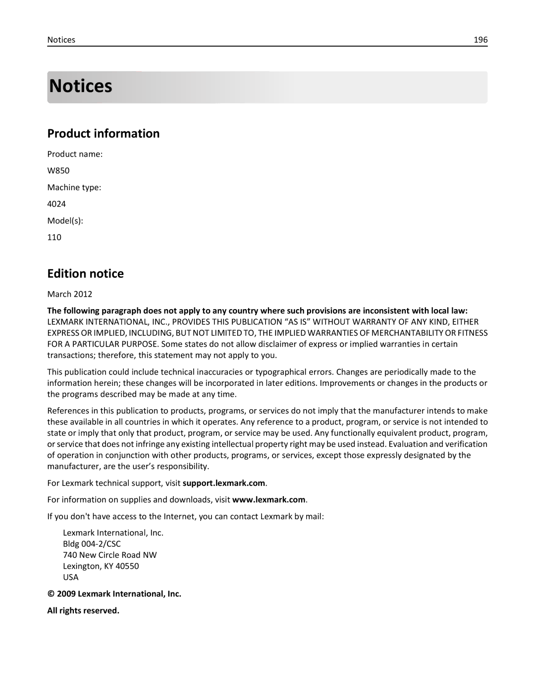 Lexmark manual Product information, Edition notice, 196, Product name W850 Machine type 4024 Models 110, March 