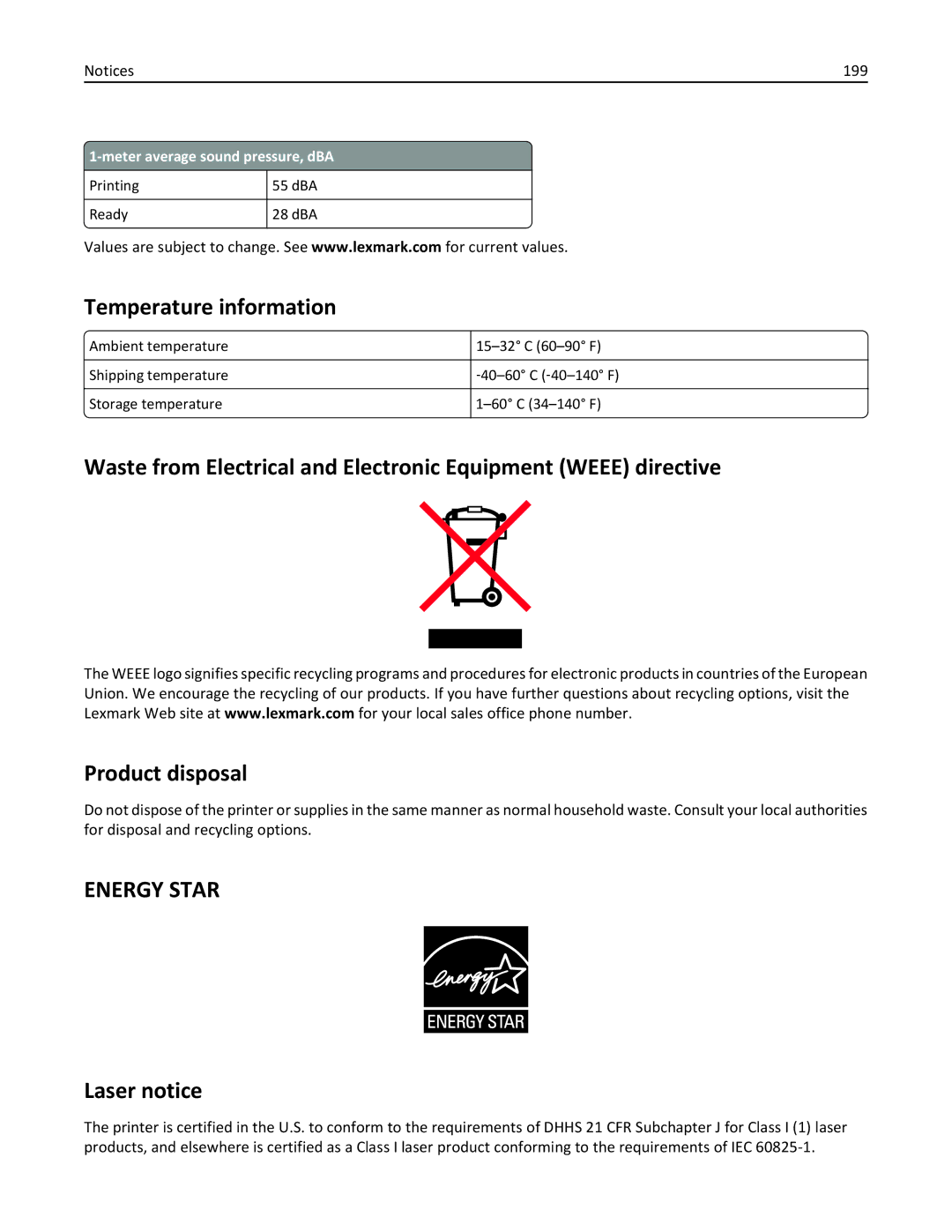 Lexmark W850 manual Temperature information, Laser notice, 199 