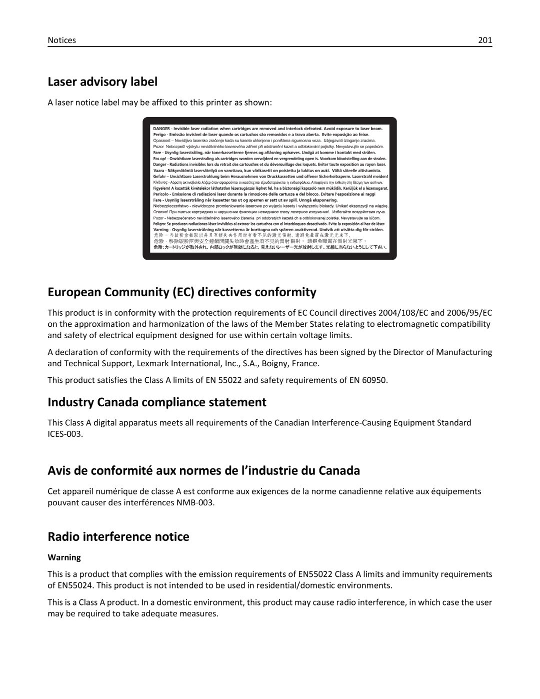 Lexmark W850 manual Laser advisory label, European Community EC directives conformity, Industry Canada compliance statement 