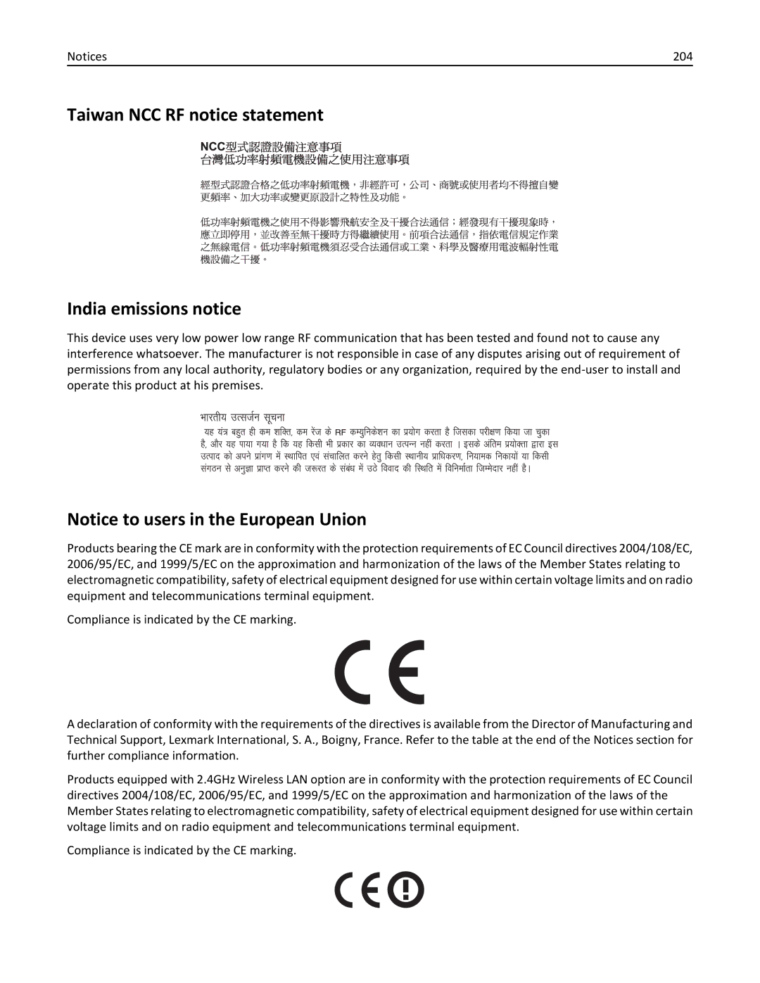 Lexmark W850 manual Taiwan NCC RF notice statement India emissions notice, 204 