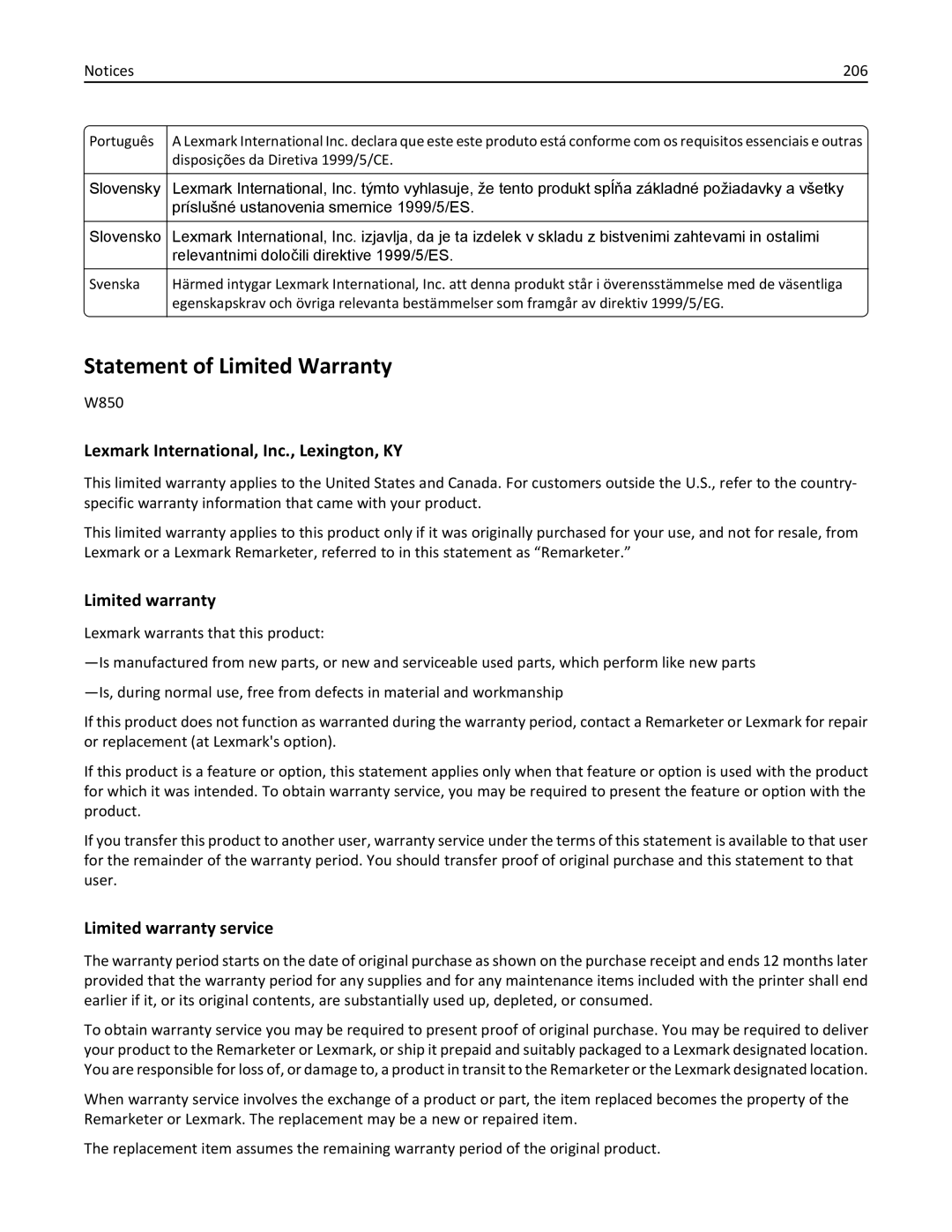 Lexmark W850 manual Statement of Limited Warranty, Lexmark International, Inc., Lexington, KY, Limited warranty, 206 