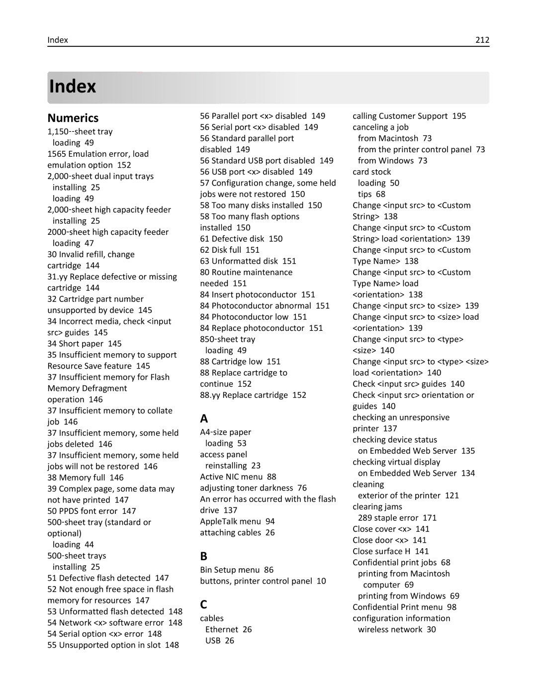 Lexmark W850 manual Numerics, Index 212 