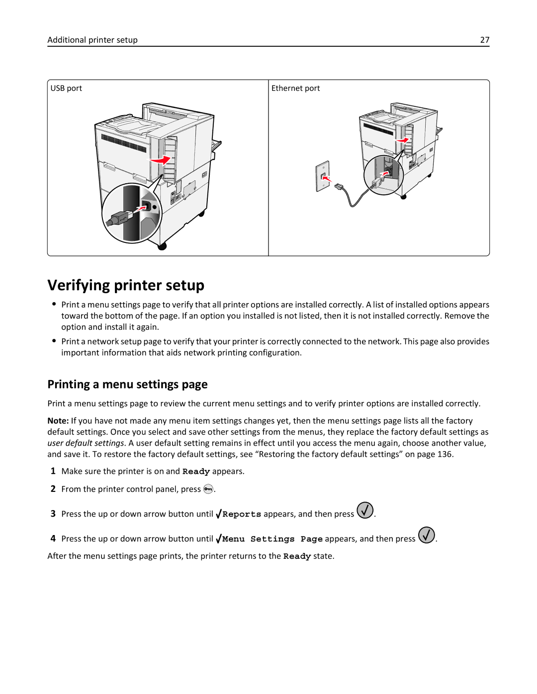 Lexmark W850 manual Verifying printer setup, Printing a menu settings 