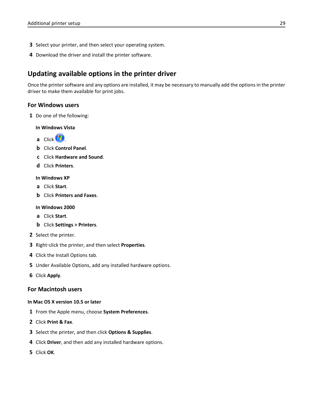 Lexmark W850 manual Updating available options in the printer driver, Do one of the following, Click Start 