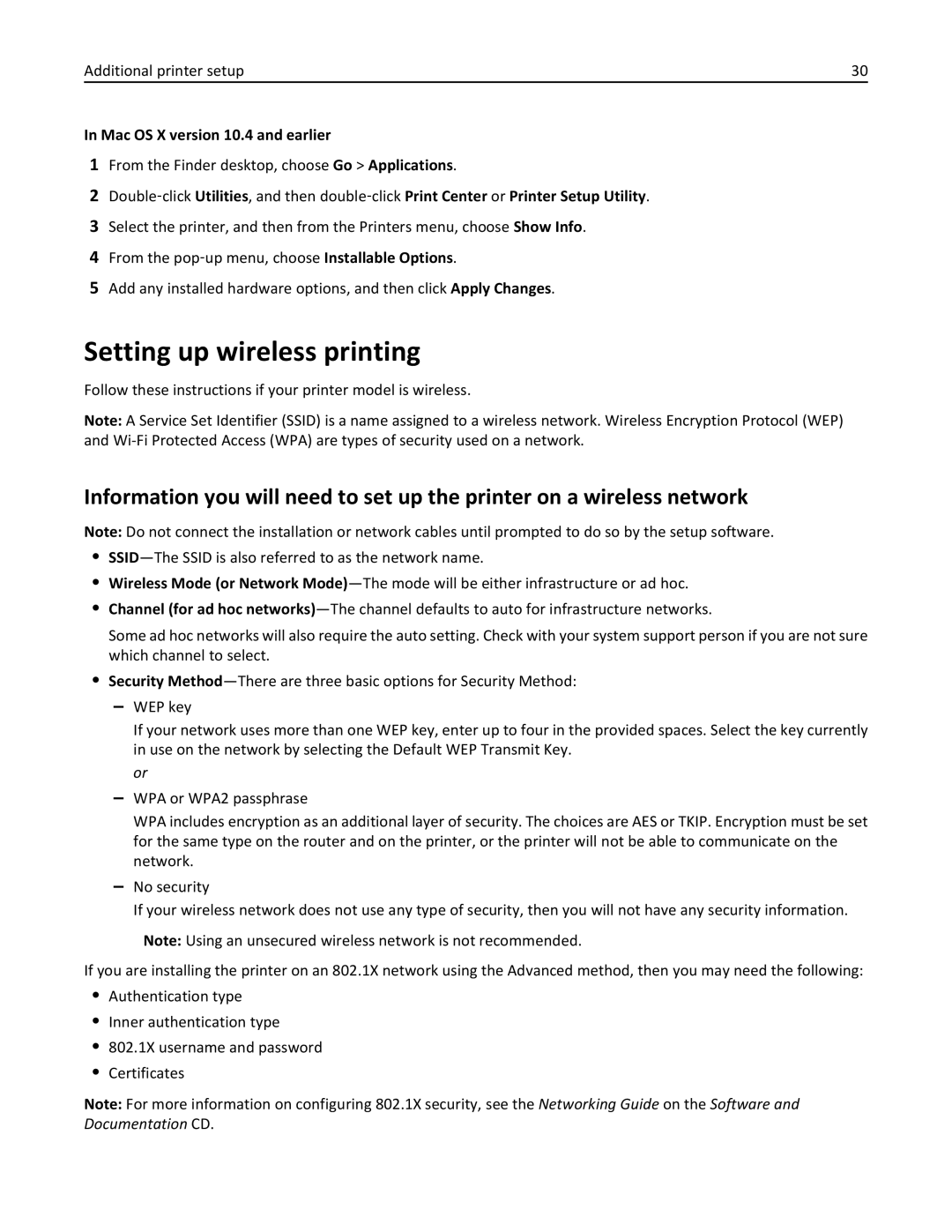 Lexmark W850 manual Setting up wireless printing, From the Finder desktop, choose Go Applications 