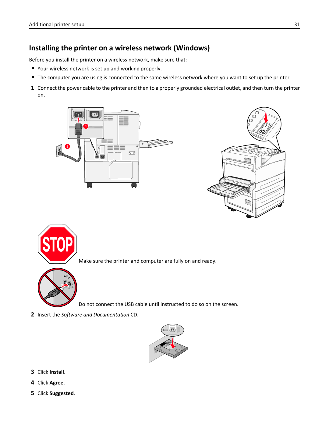 Lexmark W850 manual Installing the printer on a wireless network Windows, Click Install Click Agree 