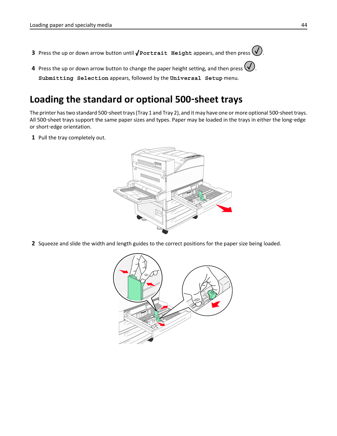 Lexmark W850 manual Loading the standard or optional 500‑sheet trays 