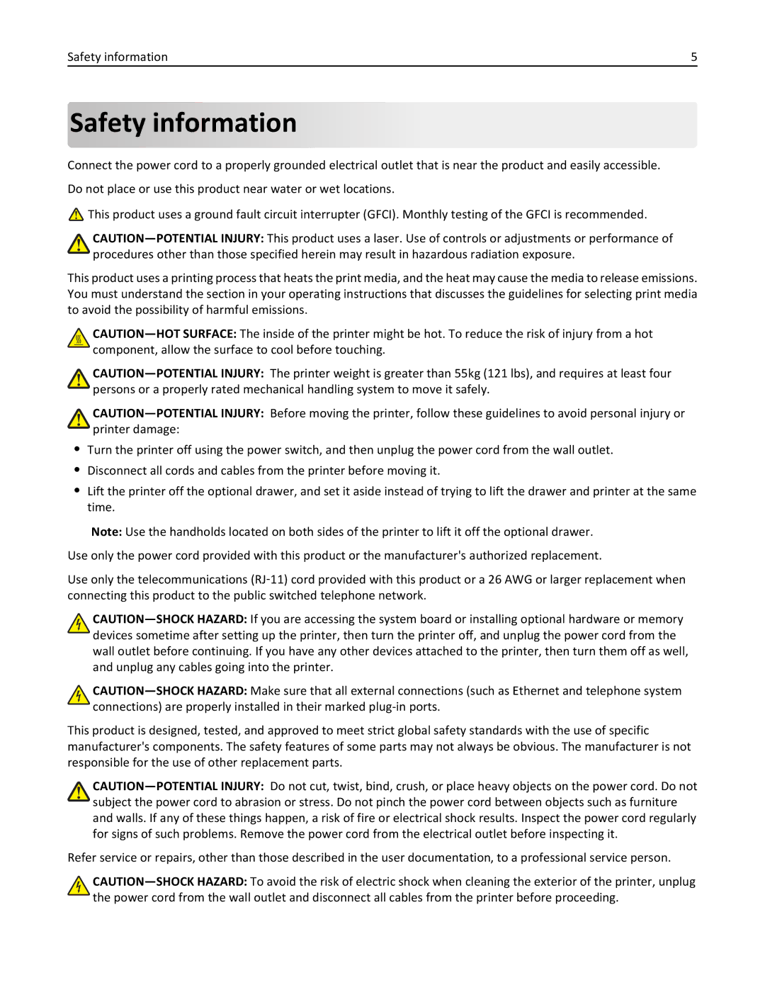 Lexmark W850 manual Safety information 