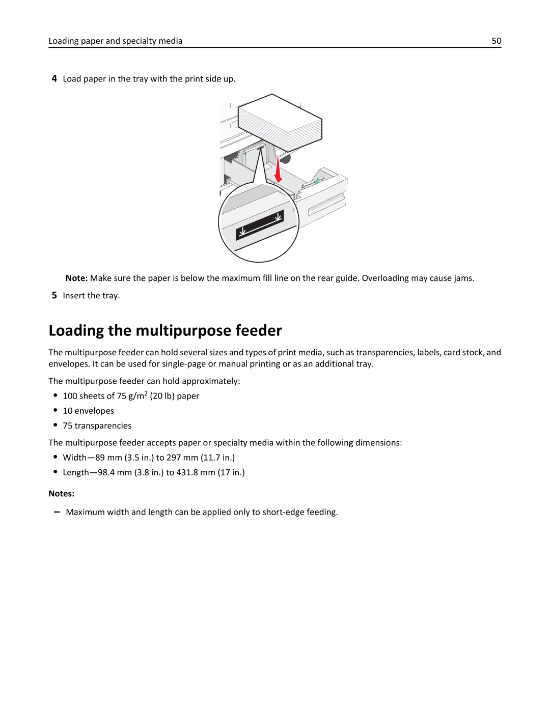 Lexmark W850 manual Loading the multipurpose feeder 