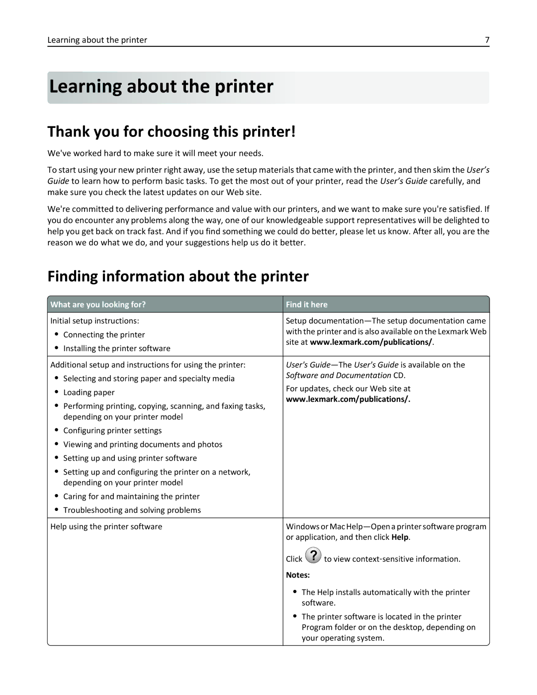 Lexmark W850 manual Thank you for choosing this printer, Finding information about the printer, Learning about the printer 