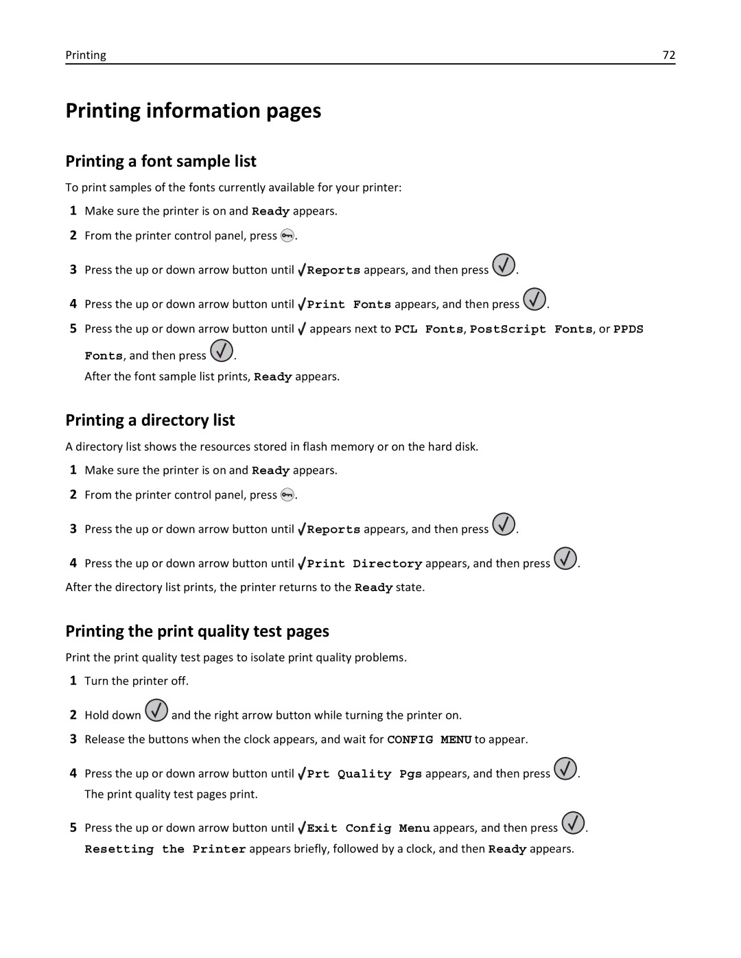 Lexmark W850 manual Printing information pages, Printing a font sample list, Printing a directory list 