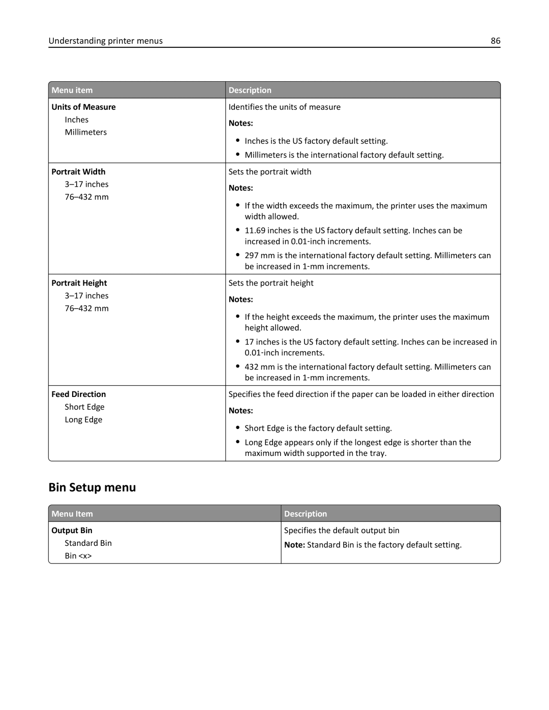 Lexmark W850 manual Bin Setup menu 