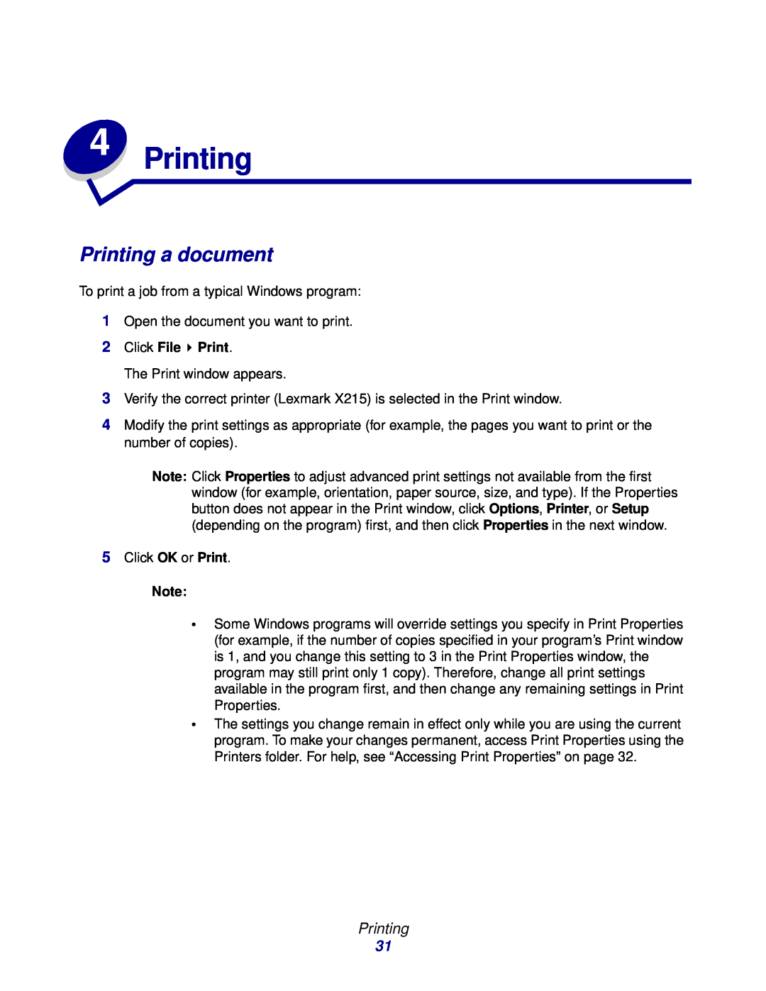 Lexmark X215 MFP manual Printing a document, 2Click File Print 