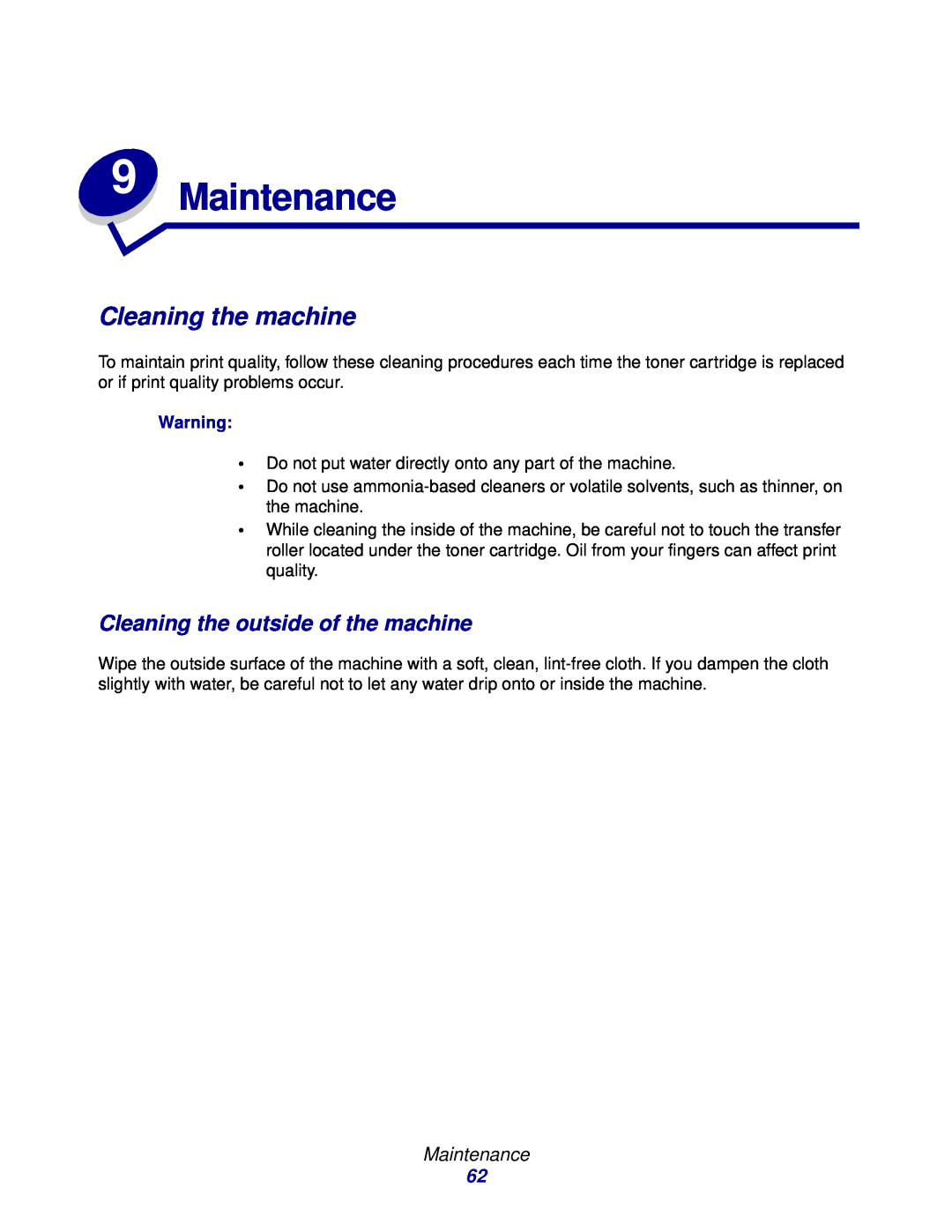 Lexmark X215 MFP manual Maintenance, Cleaning the machine, Cleaning the outside of the machine 