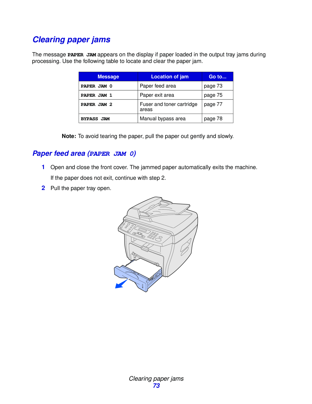 Lexmark X215 MFP manual Clearing paper jams, Paper feed area PAPER JAM 