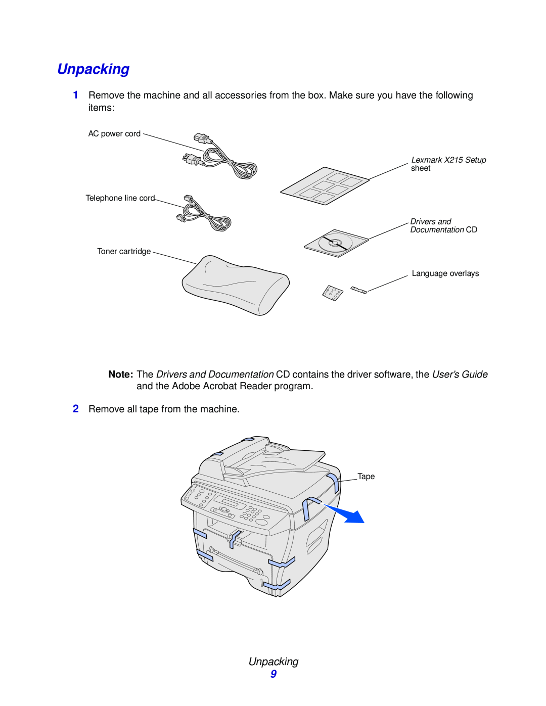 Lexmark X215 MFP manual Unpacking 