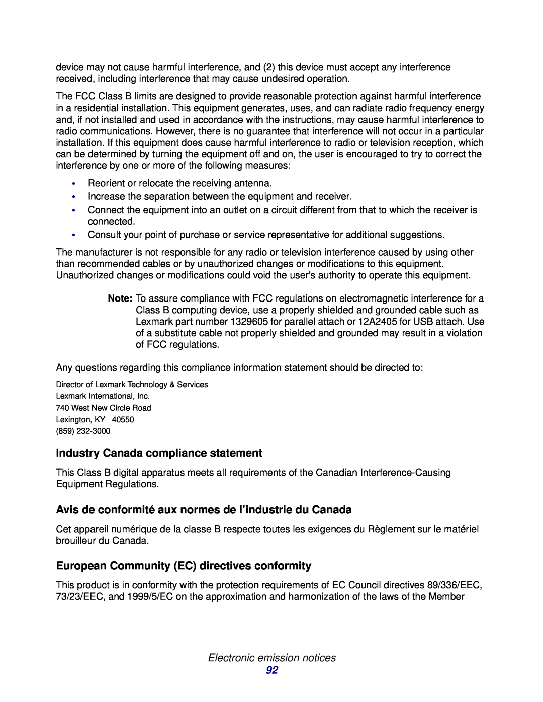 Lexmark X215 MFP manual Industry Canada compliance statement, European Community EC directives conformity 