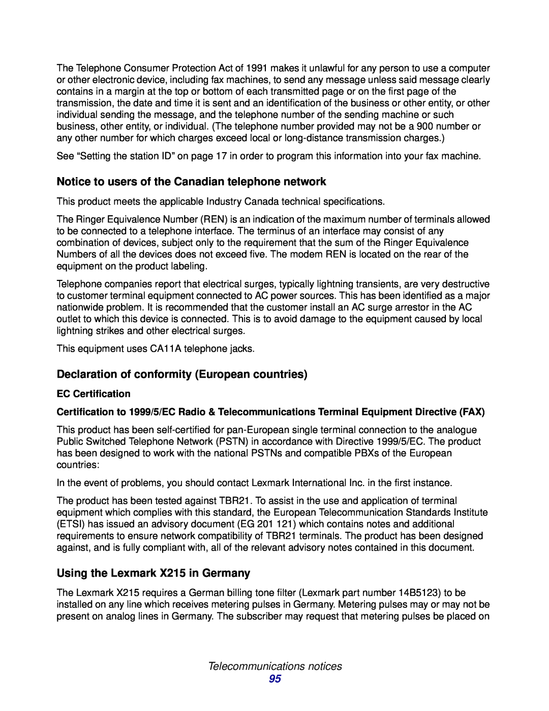 Lexmark X215 MFP manual Notice to users of the Canadian telephone network, Declaration of conformity European countries 