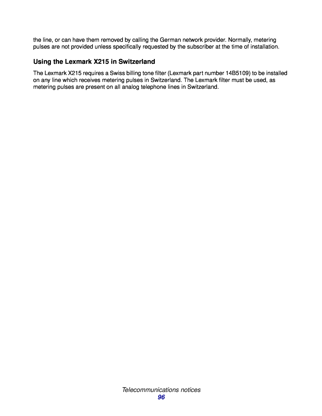 Lexmark X215 MFP manual Using the Lexmark X215 in Switzerland, Telecommunications notices 