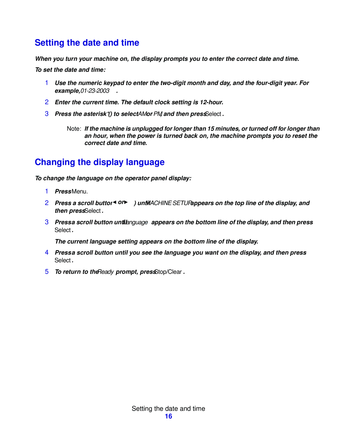 Lexmark X215 MFP manual Setting the date and time, Changing the display language 