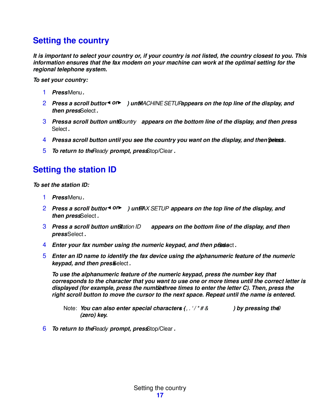 Lexmark X215 MFP manual Setting the country, Setting the station ID 