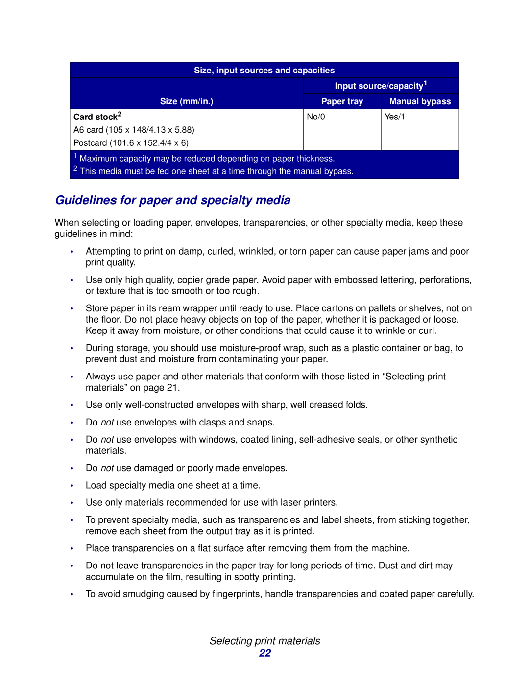 Lexmark X215 MFP manual Guidelines for paper and specialty media, Selecting print materials 