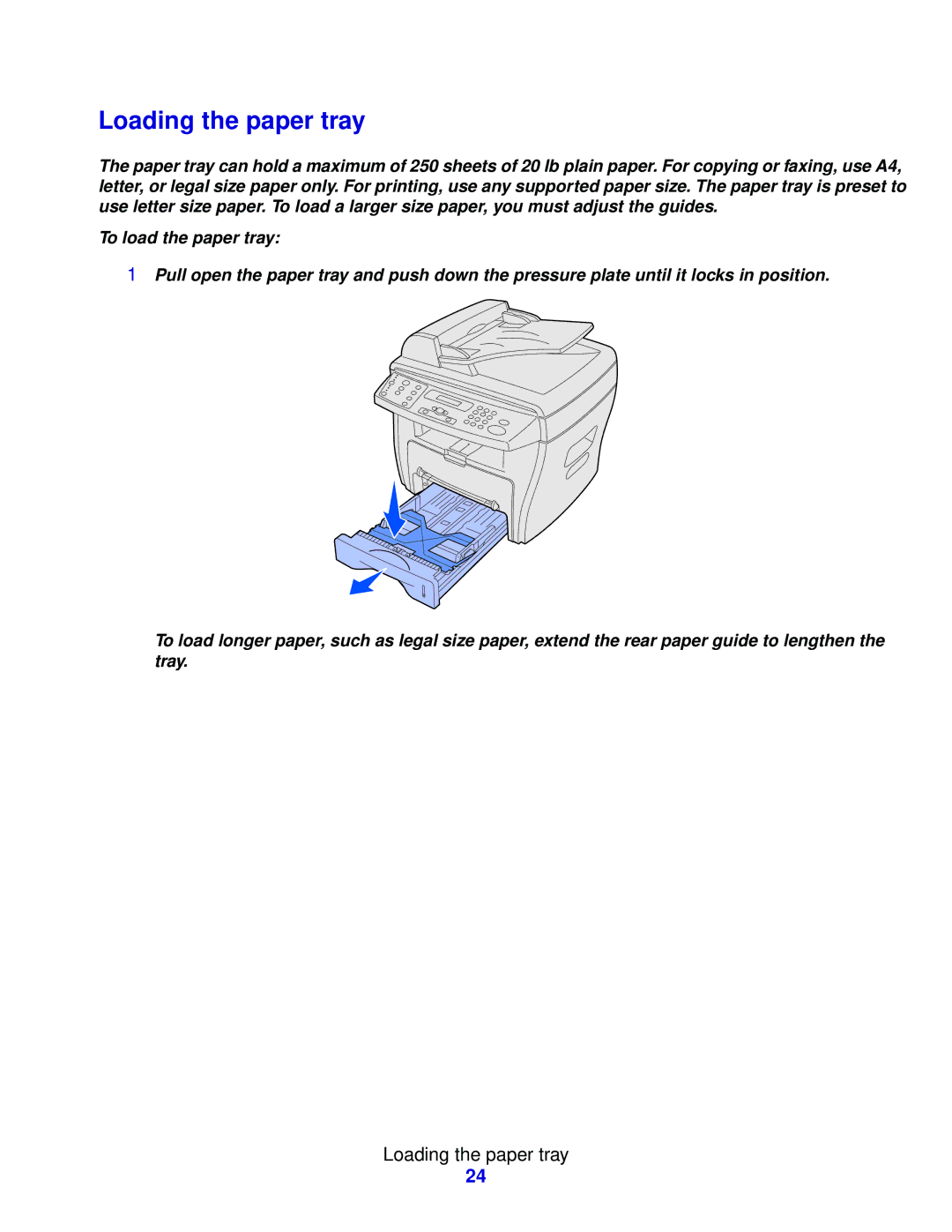 Lexmark X215 MFP manual Loading the paper tray 