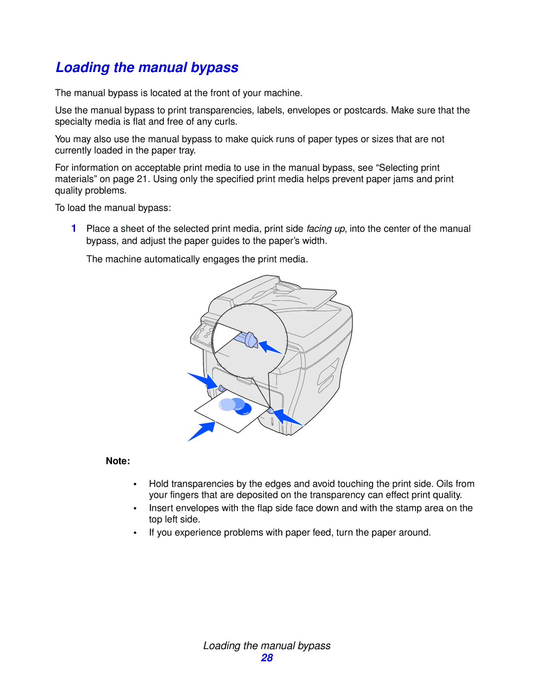 Lexmark X215 MFP Loading the manual bypass 