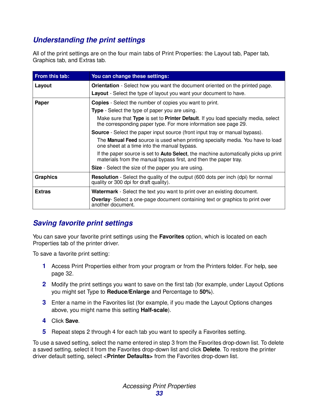 Lexmark X215 MFP manual Understanding the print settings, Saving favorite print settings 