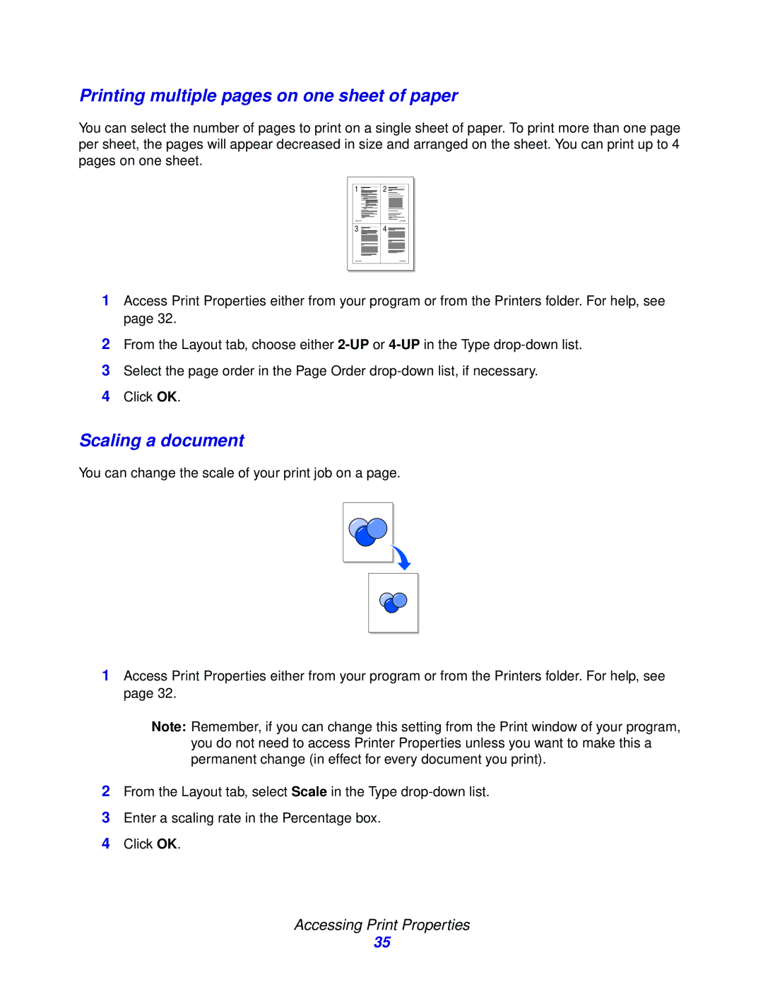 Lexmark X215 MFP manual Printing multiple pages on one sheet of paper, Scaling a document 