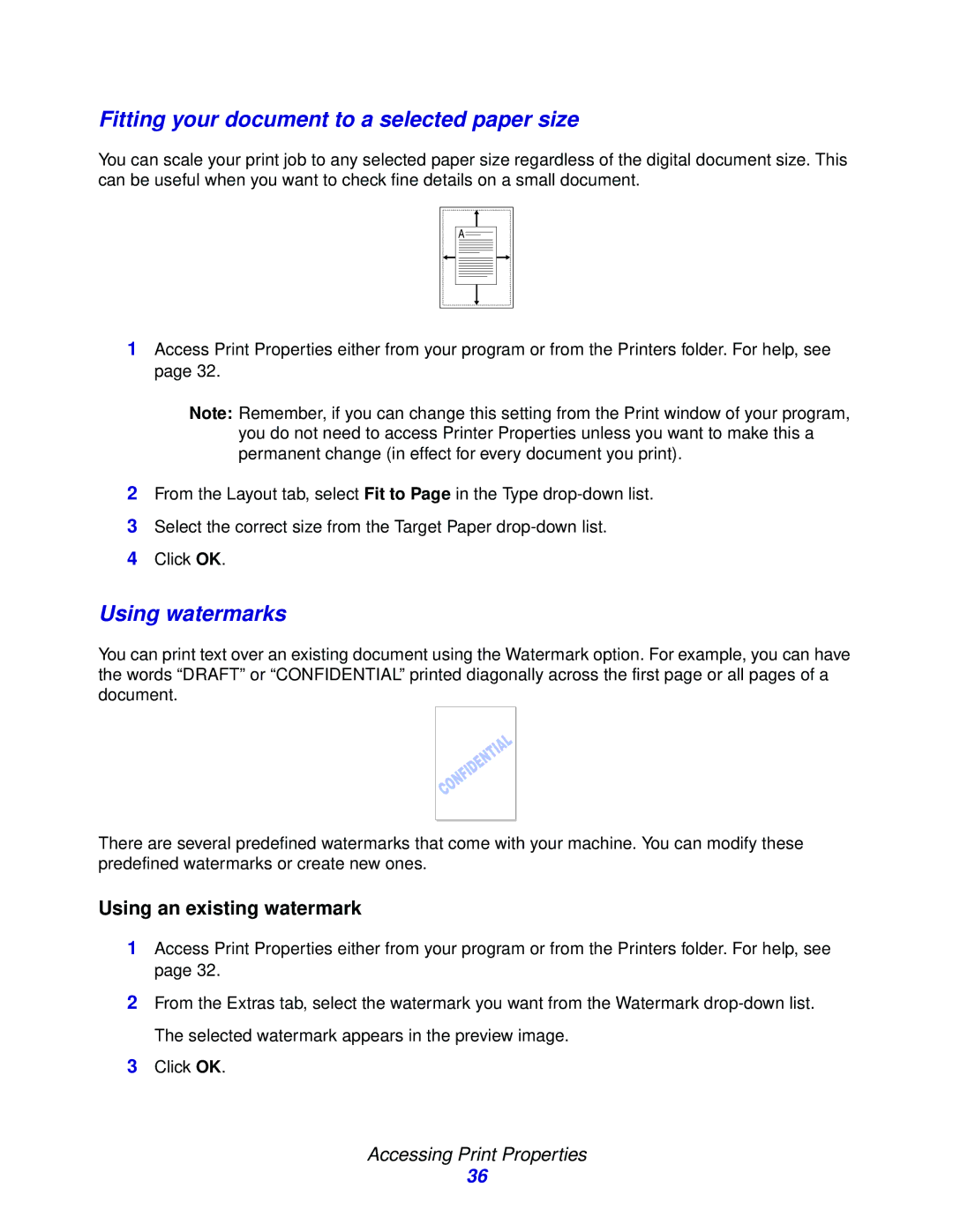 Lexmark X215 MFP manual Fitting your document to a selected paper size, Using watermarks, Using an existing watermark 