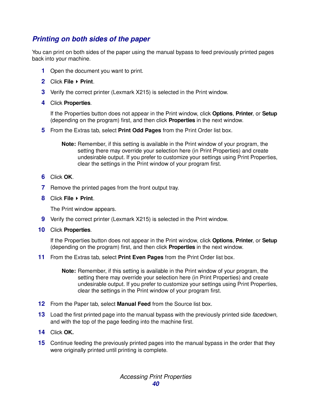 Lexmark X215 MFP manual Printing on both sides of the paper 