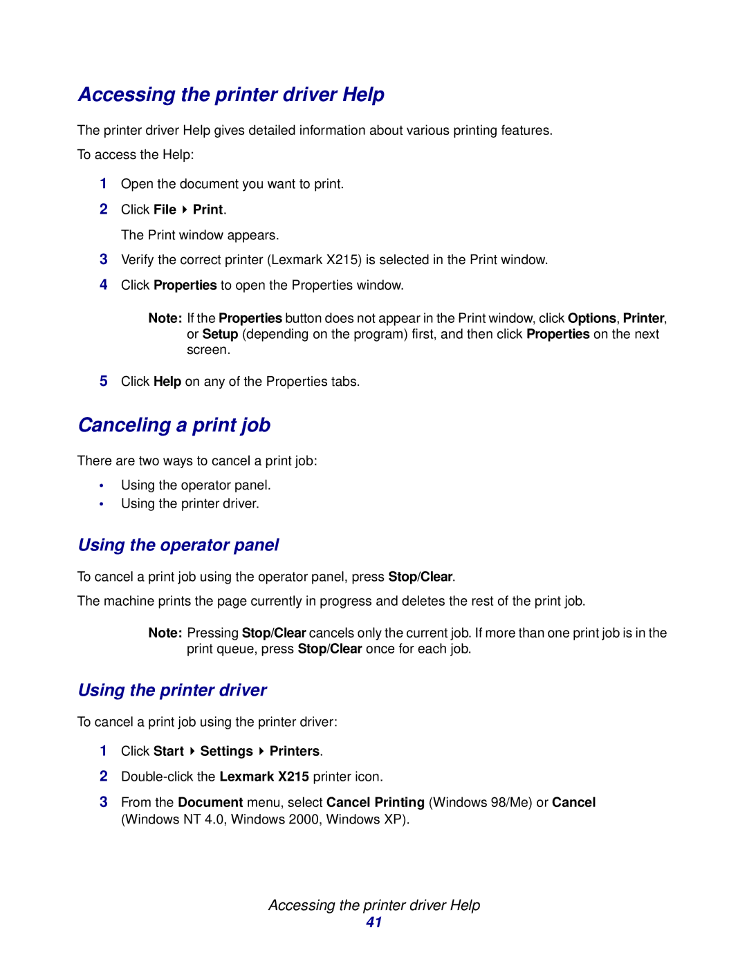 Lexmark X215 MFP manual Accessing the printer driver Help, Canceling a print job, Using the operator panel 