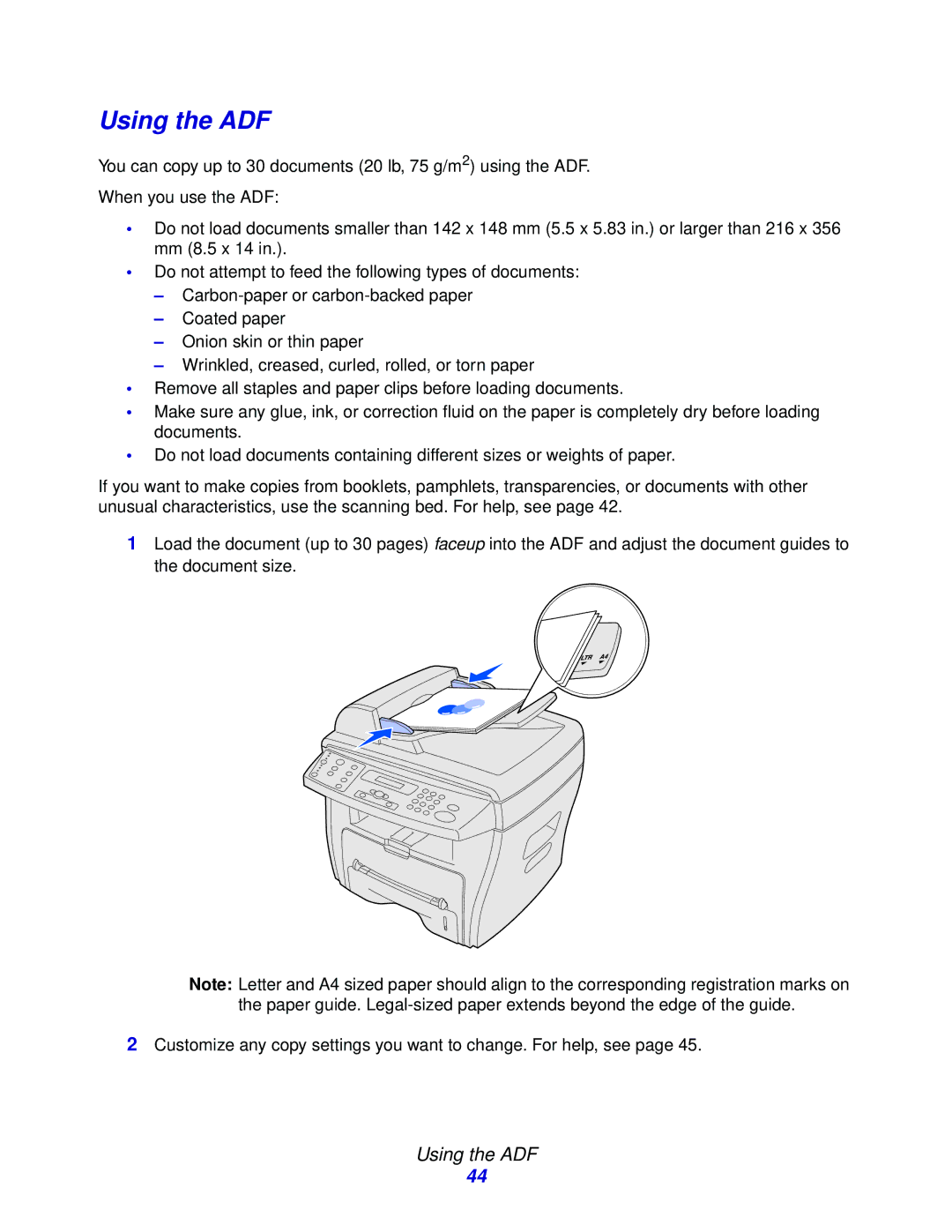 Lexmark X215 MFP manual Using the ADF 