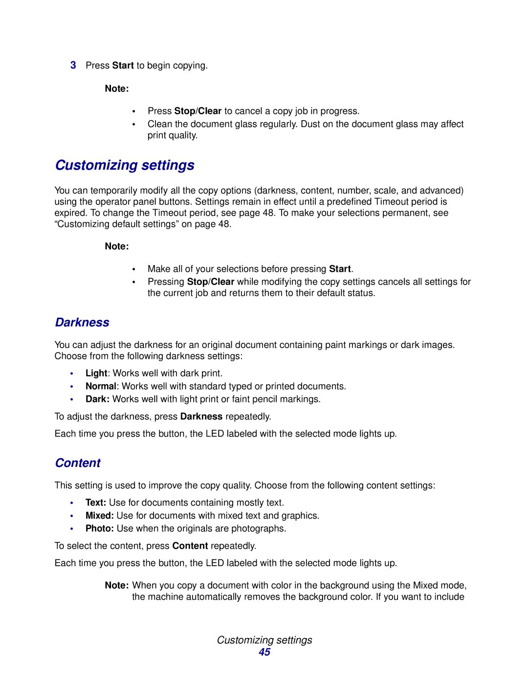 Lexmark X215 MFP manual Customizing settings, Darkness, Content 