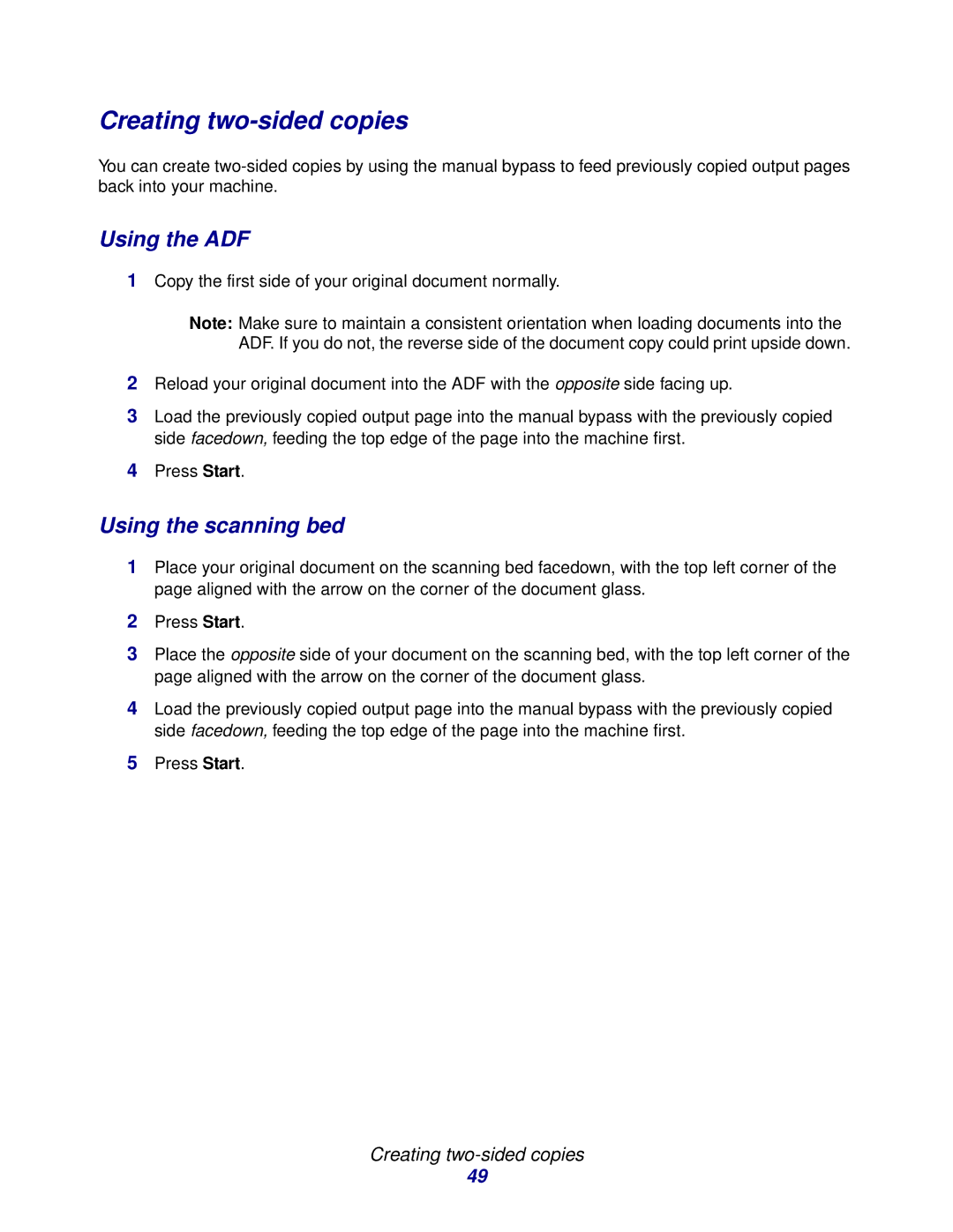 Lexmark X215 MFP manual Creating two-sided copies, Using the ADF, Using the scanning bed 