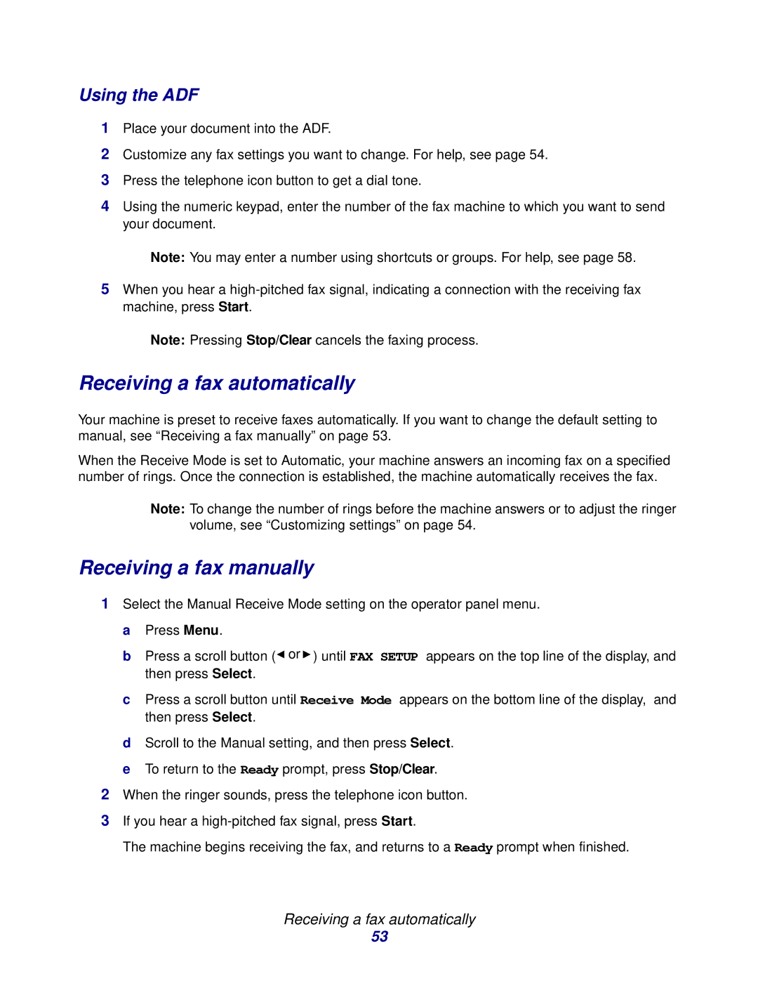 Lexmark X215 MFP Receiving a fax automatically, Receiving a fax manually 