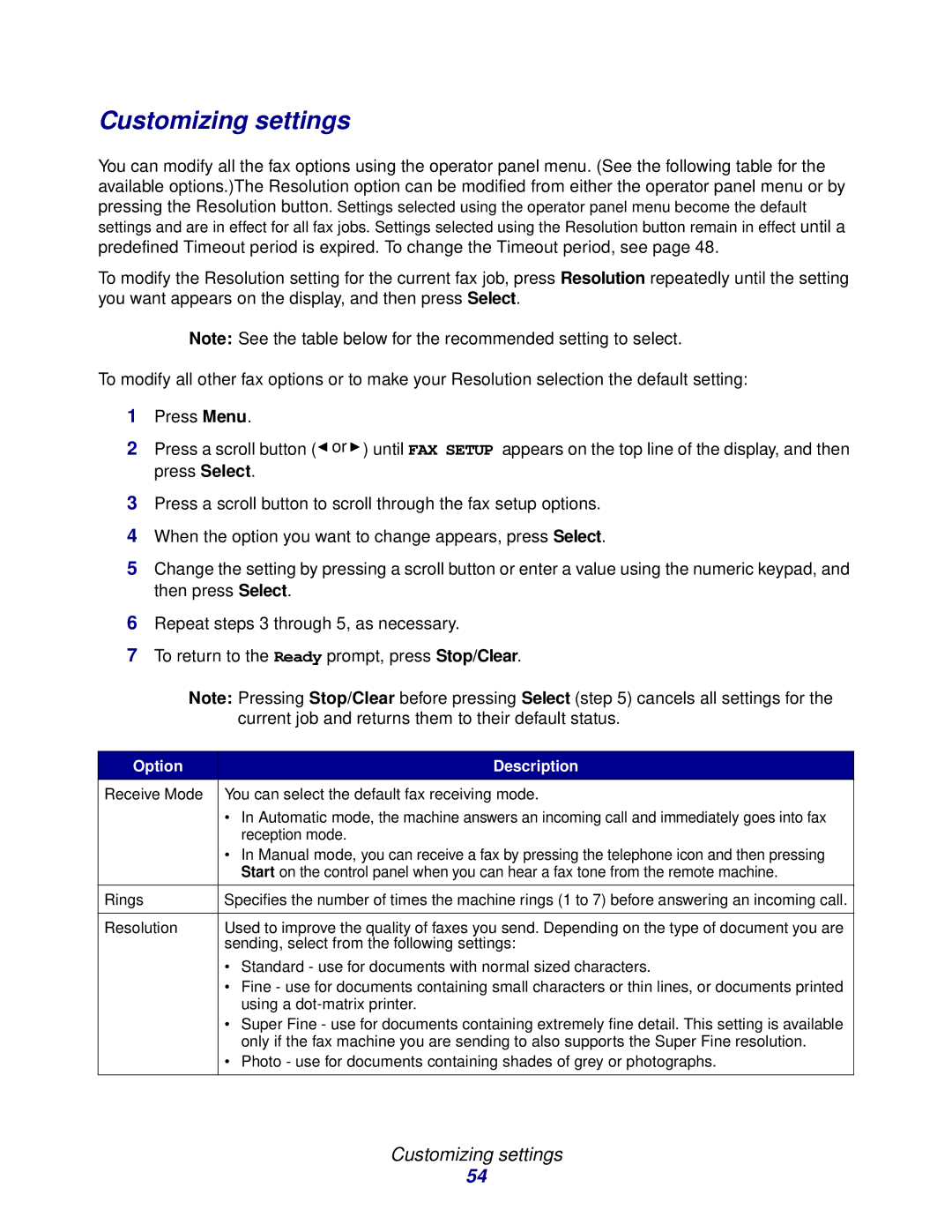 Lexmark X215 MFP manual Customizing settings, Option Description 